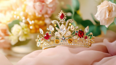 A sparkling jeweled tiara placed gracefully on lush velvet fabric, highlighting the intricate craftsmanship and opulent shineの素材