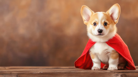 Adorable corgi puppy in a superhero cape standing on a table, looking like a tiny guardian watching over its space with loving eyesの素材