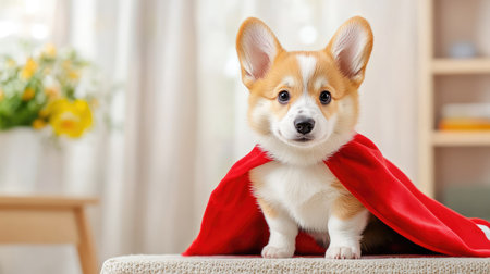 Brave and fluffy corgi puppy dons a superhero cape while standing on a table, symbolizing cuteness and heroic spirit guarding the roomの素材