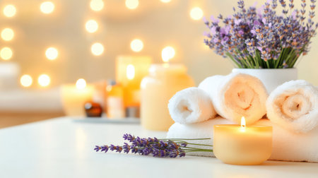 A soothing spa ambiance featuring fresh towels, lavender oil, and lit candles arranged neatly for a tranquil wellness experienceの素材
