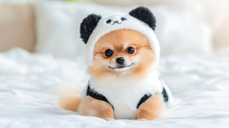 Adorable Pomeranian dog in a full panda costume sitting on a white background, showing off its fluffy fur and costume charmの素材