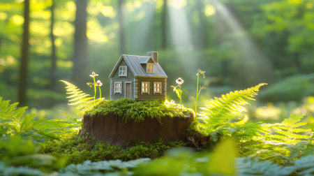 Miniature rustic wooden house sits atop a mossy stump in a sun-dappled forest, surrounded by soft ferns and leaves, capturing an enchanting woodland sceneの素材