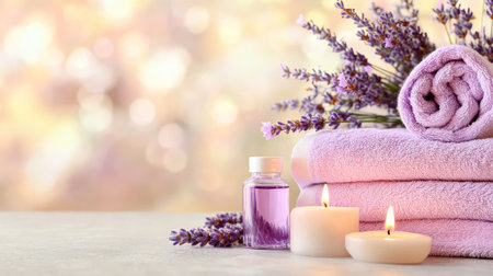 Aromatherapy lavender oil, flickering candles, and neatly folded towels set in a serene spa space designed to soothe the sensesの素材