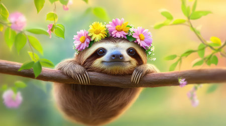 Close-up of a calm sloth hanging from a branch, wearing delicate flower crowns, embodying peacefulness and natural beautyの素材