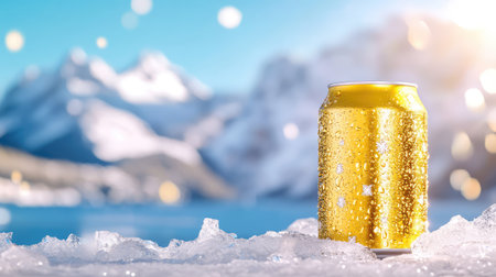 Close-up of a golden beer can chilled in ice, framed by snowy peaks in the distance, evoking winter fun and mountain relaxationの素材