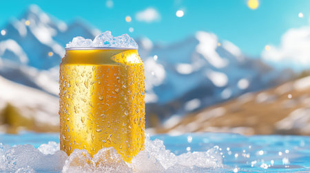 Close-up of a golden beer can chilled in ice, framed by snowy peaks in the distance, evoking winter fun and mountain relaxationの素材