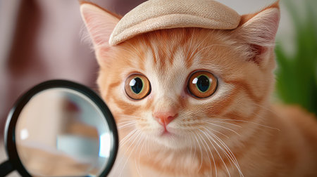 Close-up of a cat with a detective hat examining something closely through a magnifying glass, evoking charm and a sense of feline curiosityの素材