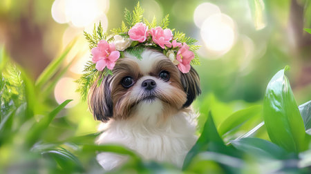 Charming Shih Tzu wearing a delicate floral crown sits peacefully among lush green foliage, capturing a serene and adorable moment in nature embraceの素材