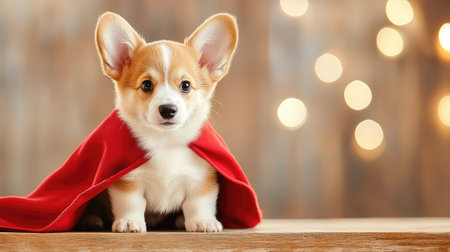 Adorable corgi puppy in a superhero cape standing on a table, looking like a tiny guardian watching over its space with loving eyesの素材