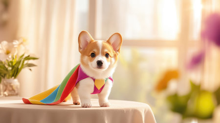 Brave corgi puppy sporting a colorful superhero cape stands atop a table, as if guarding the room with charm and adorable fiercenessの素材
