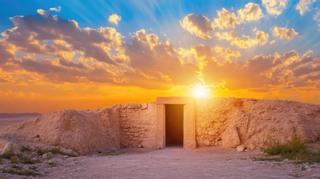 Evening sunset casts warm light on an ancient Egyptian tomb gate, the mystical portal to the famed Valley of the Kingsの素材