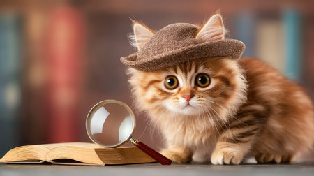 Cat dressed as a detective with hat and magnifying glass, studying closely as if solving a mystery, evoking playful intelligence and charmの素材
