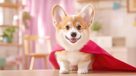 Brave and fluffy corgi puppy dons a superhero cape while standing on a table, symbolizing cuteness and heroic spirit guarding the roomの素材