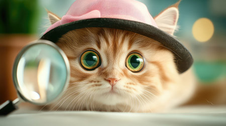 Close-up of a cat wearing a detective hat looking through a magnifying glass, combining cuteness and curiosity in a creative pet sceneの素材