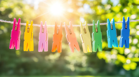 Brightly colored clothespins hang on a taut line outside, sun shining in the background, creating a carefree domestic sceneの素材