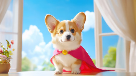 Corgi puppy wearing a bright superhero cape stands confidently on a table, looking alert and ready to guard the room with adorable determinationの素材