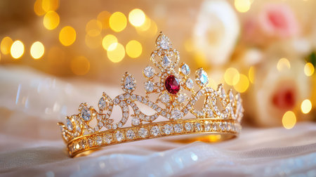 Close-up of a glittering tiara on velvet, shining brightly as soft lighting accentuates its delicate, intricate design and luxurious appealの素材