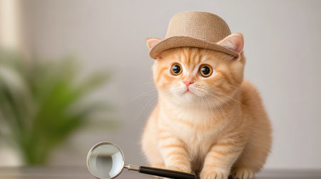 Cat dressed as a detective with hat and magnifying glass, studying closely as if solving a mystery, evoking playful intelligence and charmの素材