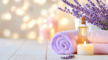 Close-up of spa setup with lavender oil, warm candlelight, and fresh towels, capturing the essence of calm and rejuvenationの素材