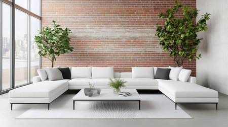 Clean and contemporary furniture setup in an industrial loft, with cozy white seating and rustic brick textures in the backgroundの素材