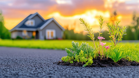 Focused view of dark asphalt shingles, with the outline of a house behind, creating a strong visual of home construction and materialsの素材