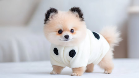 Fluffy Pomeranian wearing a panda suit stands cutely against a clean white backdrop, highlighting the playful side of pet dress-upの素材