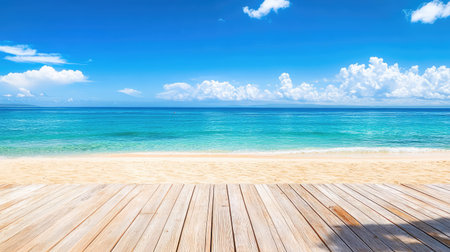 Oceanfront view from a wooden deck, with soft sand and clear blue sky blending into turquoise water, creating a peaceful escapeの素材