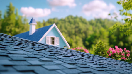 Roofing detail shot featuring overlapping asphalt shingles, with the house faintly visible behind, symbolizing home care and structureの素材