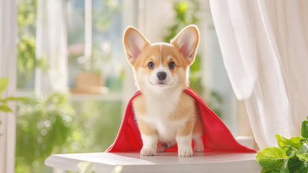 Corgi puppy wearing a bright superhero cape stands confidently on a table, looking alert and ready to guard the room with adorable determinationの素材