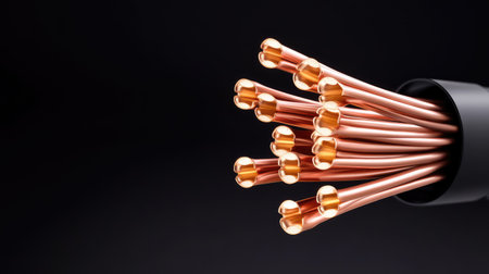 Organized copper wires protruding from a black connector, emphasizing symmetry and contrast in a high-detail technical compositionの素材