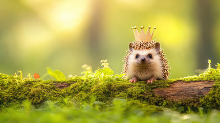 Tiny hedgehog wearing a delicate paper crown stands proudly on a moss-covered log, looking like the whimsical king of the enchanted woodland realmの素材