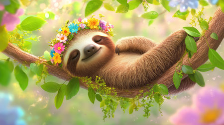 Sleepy sloth hanging relaxed on a tree limb, its head decorated with tiny flower crowns, surrounded by soft forest greeneryの素材