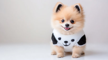 Smiling Pomeranian in a panda outfit stands out brightly on a white background, blending cuteness and costume creativityの素材