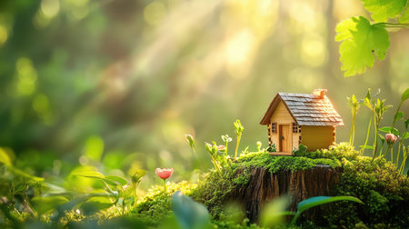 Enchanting miniature wooden cabin perched on mossy tree stump bathed in warm sunlight, set within a lush forest filled with vibrant greenery and soft shadowsの素材