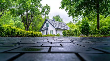 Focused view of dark asphalt shingles, with the outline of a house behind, creating a strong visual of home construction and materialsの素材