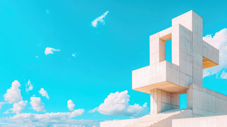 Monumental abstract concrete form rises beneath a cloudless blue sky, offering a powerful visual of urban design and structural artの素材