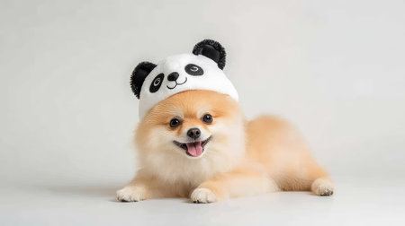 Cheerful Pomeranian dog in a panda costume poses on white seamless background, creating a lighthearted and charming pet portraitの素材