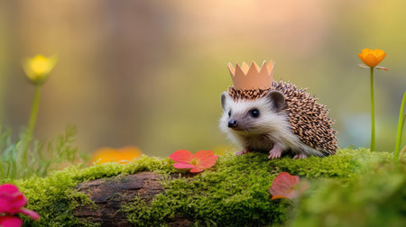 Small hedgehog with a paper crown on a green mossy log, looking regal and adorable as the ruler of the forest miniature kingdomの素材