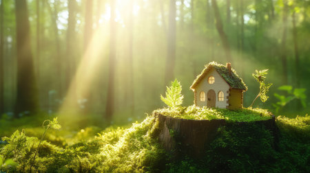 Small handcrafted wooden house nestled on green moss-covered stump with sunbeams filtering through tall trees, creating a serene and enchanting forest moodの素材