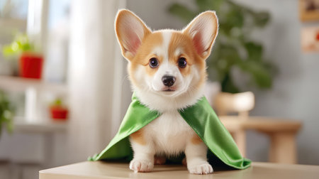 Adorable corgi puppy in a superhero cape standing on a table, looking like a tiny guardian watching over its space with loving eyesの素材