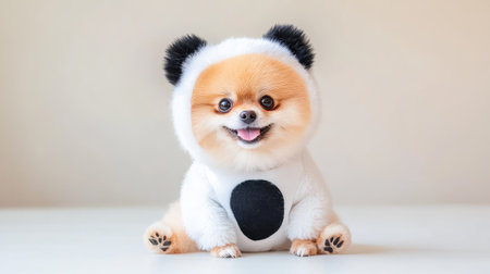 Adorable Pomeranian dog in a full panda costume sitting on a white background, showing off its fluffy fur and costume charmの素材