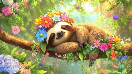 A sleepy sloth hangs from a branch, crowned with little colorful flowers, blending cuteness and tranquility in a lush forest settingの素材