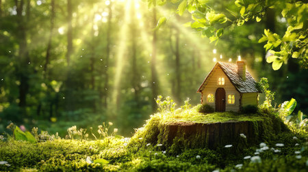 Sunlight filters through forest canopy onto a tiny handcrafted wooden house resting on a moss-covered stump, evoking a whimsical, fairy tale atmosphereの素材