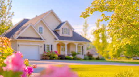 Close-up of roof shingles with a soft-focus house behind, illustrating the quality of roofing in a clean, professional exterior settingの素材
