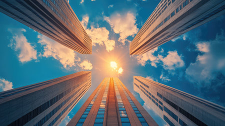 Dramatic shot of an abstract concrete construction reaching upward into a bright sky, creating a strong and captivating architectural imageの素材