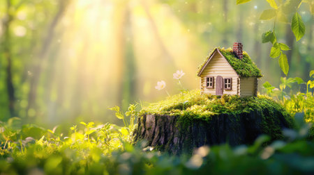 Enchanting miniature wooden cabin perched on mossy tree stump bathed in warm sunlight, set within a lush forest filled with vibrant greenery and soft shadowsの素材