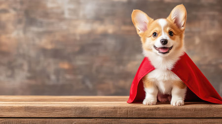 Playful corgi puppy in a red superhero cape standing proudly on a wooden table, embodying a tiny but mighty guardian ready to protect its homeの素材