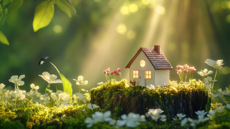 Woodland scene with a delicate miniature house sitting on a mossy stump, glowing under warm sunlight streaming through the forest canopyの素材
