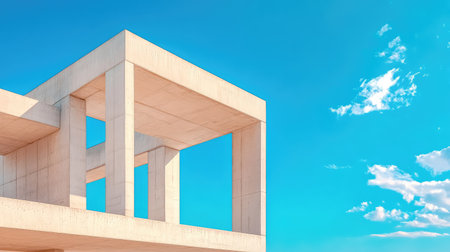Close-up of a massive concrete structure abstract forms towering into a brilliant blue sky, blending brutalist design with clear natural contrastの素材