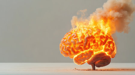 Fiery blaze rising from a human brain sculpture, smoke twisting upward--burnout rendered in stark visual detailの素材